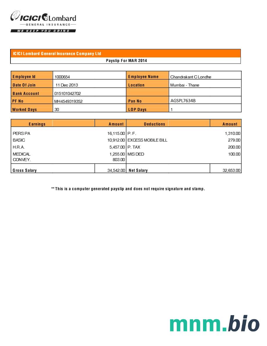 Szablon odcinka wypłaty ICICI Lombard General Insurance Company w formatach Word i PDF